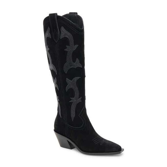 New  Dolce Vita Samare Western Cowgirl Boot Women Suede Leather Onyx Black 12 - Picture 1 of 14
